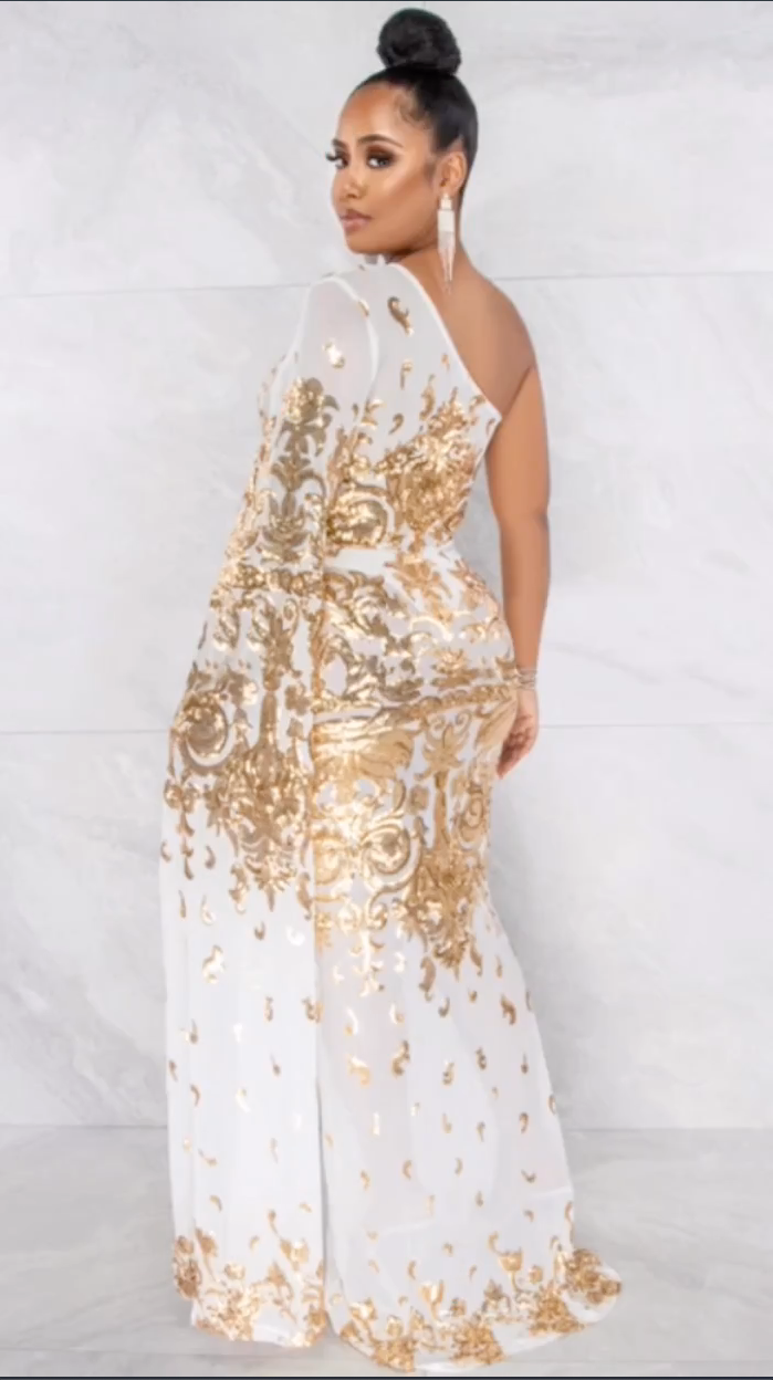 Elegant Party Evening Dress | Gold and White Shimmering Dress |African Dresses for Women